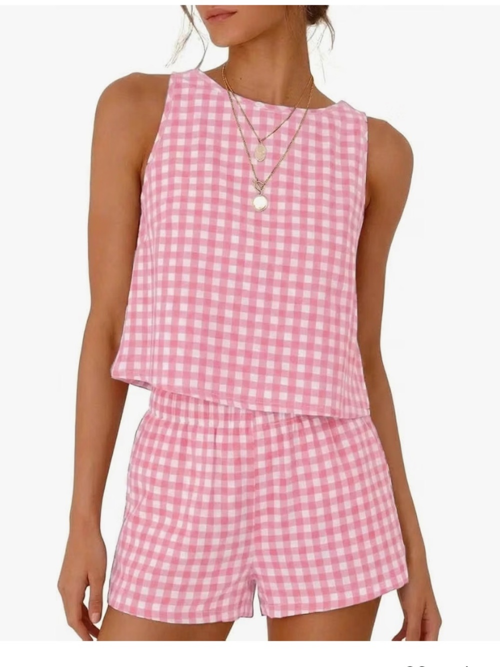 Pink & White Gingham Checked Tank Top & Shorts Set